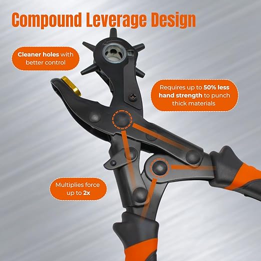 Adorox Heavy Duty Quality & Professional Design Revolving Hole Punch Pliers Kit ??with Steel Ruler & File, Puncher with 6 Hole Sizes for Belts, Watch Straps, Saddles, Shoes & DIY Crafts