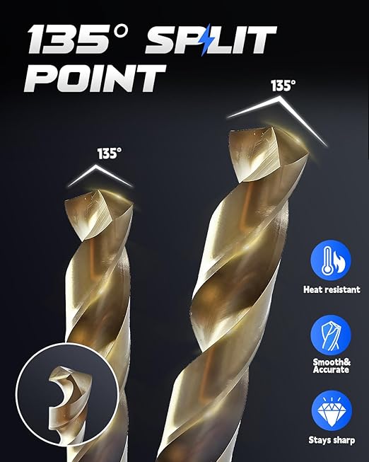 COMOWARE Cobalt Drill Bit Set- 1/2" M42 High Speed Steel Twist Jobber Length for Hardened Metal, Stainless Steel, Cast Iron and Wood Plastic
