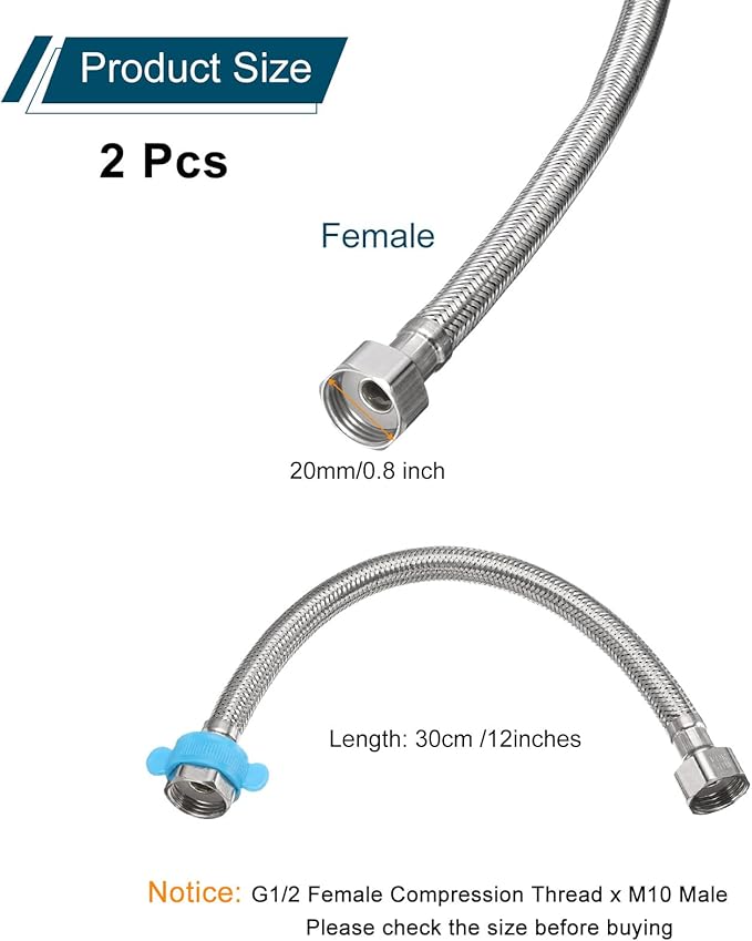 uxcell 2Pcs 12" Faucet Supply Lines Connector Stainless Steel Braided Long Faucet Connector G1/2 Female Compression Thread x G1/2 Female Straight Thread for Kitchen Sink Bathroom (Silver)