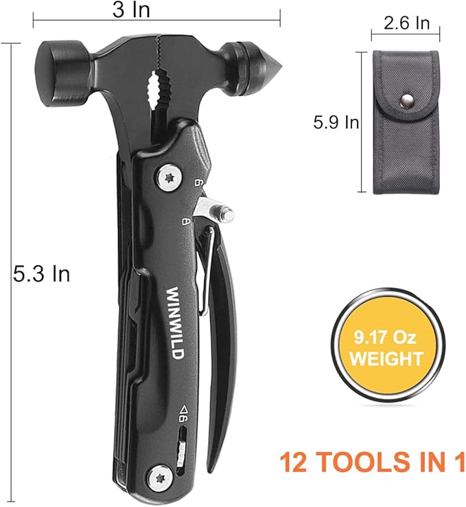 MultiTool Mini Emergency Hammer, Unique Christmas Gifts for Dad Men Women, Cool Stocking stuffers for Camping Hiking Household