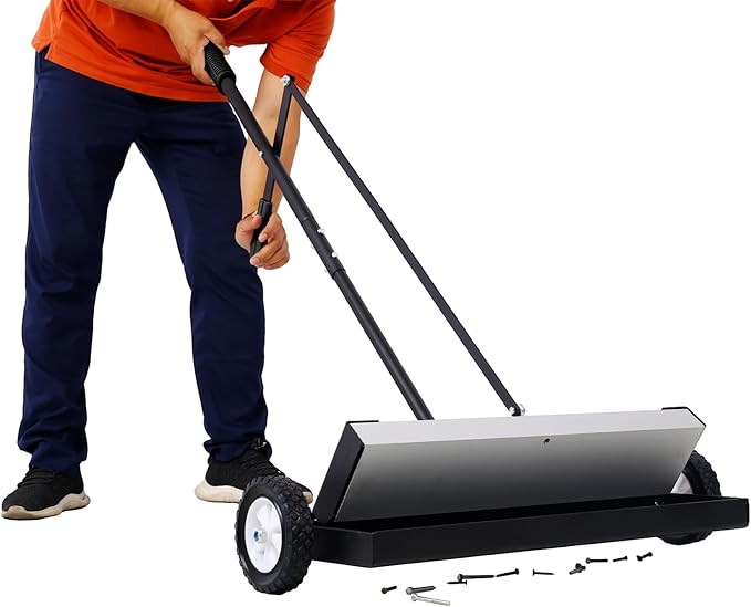 24'' Rolling Magnetic Sweeper with Wheels, Magnetic Broom Havy Duty Push-Type with Release Magnet Sweeper up to 100 lbs for Home, Yard, Lawn, Garden