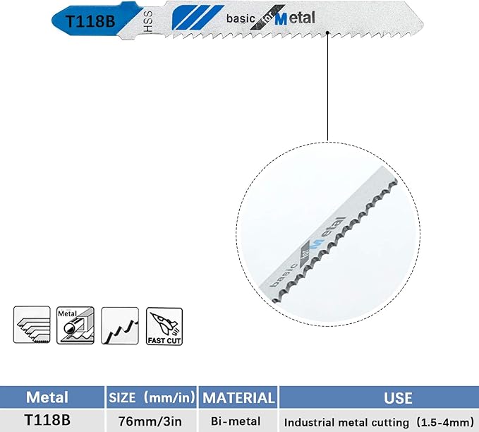 TAROSE 10-Piece T118B 3 Inch 12 TPI Assorted T-Shank Jig Saw Blades Set for Cutting Metal