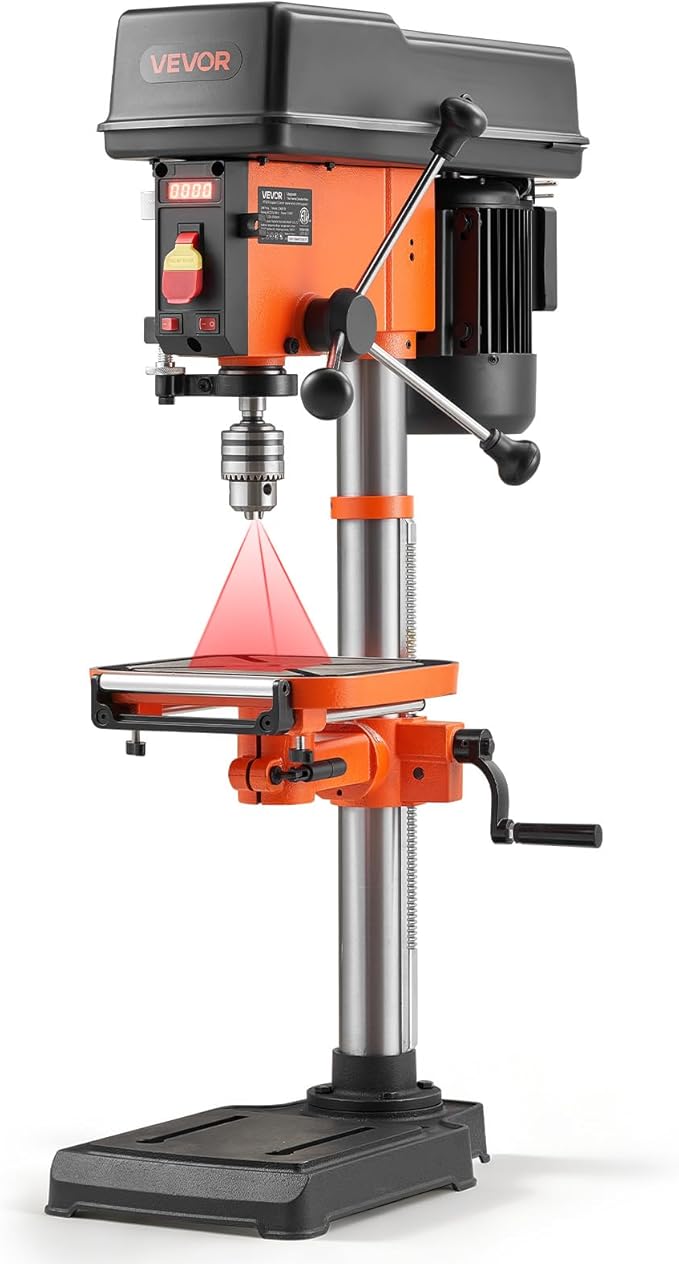 VEVOR 12-Inch Benchtop Drill Press, 6.2 Amp, 1 HP Bench Drill Press, 530 to 3140 RPM Variable Speed, 0-45째 Tilting Worktable, with Laser and LED Work Light, Tabletop Drilling Machine, for Wood Metal
