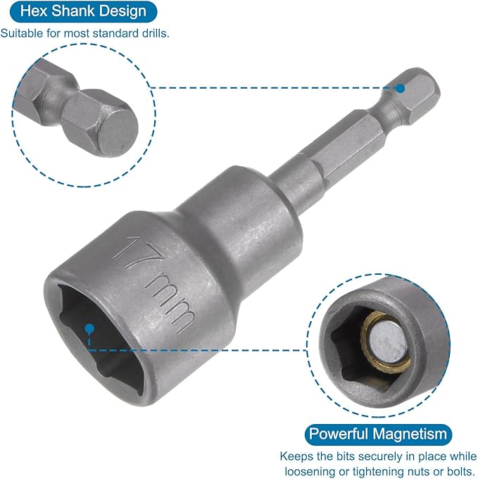 uxcell 17mm Magnetic Hex Socket 65mm/2.56", 1/4" Hex Shank Magnetic Power Nut Driver Set CR-V Quick-Release Extensions for Impact Drill Nut Setters Socket Wrench Screw, 2 Pcs
