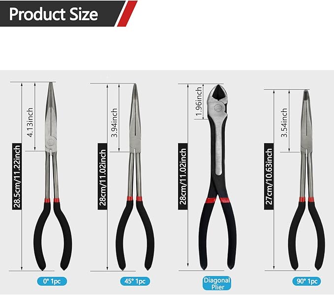 4-Piece 11" Extra Long Needle Nose Pliers Set with Insulated Comfort Grip, Straight Long Reach, 45/90째Bent Nose & Diagonal Pliers for Bending, Shaping & Trimming in Narrow Spaces