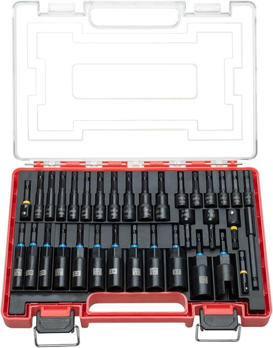 ROTATION 34-Piece Magnetic Impact Nut Driver Set, SAE&Metric Magnetic Nut Driver Bits with Deep Sockets, Adapters & Extension Bar, Professional Power Tool Accessories in Storage Case