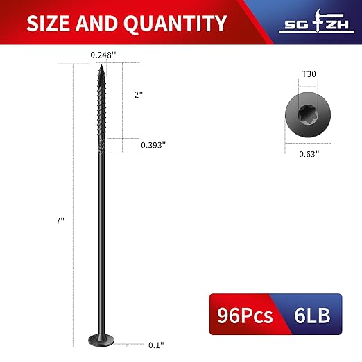 #14 x 7 Inch Outdoor Structural Wood Deck Screws (96Pcs/6lb), Carbon Steel, Black, Flat Head, Rust Resistant Epoxy Coated, T30 Star Bit