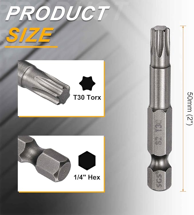 HARFINGTON 2pcs T30 Torx Head Screwdriver Bit 1/4" Hex Shank 2" (50mm) Long Magnetic No Hole Tip Tamper Proof 6 Point Star Screw Driver Drill Bits S2 Steel Industrial Power Screwdrivers