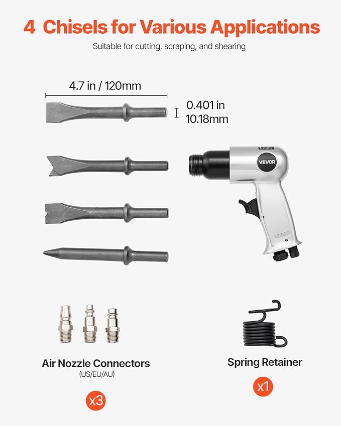 VEVOR Air Hammer, 4500BPM Pneumatic Hammer with 1.57-inch Stroke & 4PCS Chisels Round Shank, Lightweight & Compact Air Chisel Pneumatic Shovel Tool for Cutting Punching Scraping