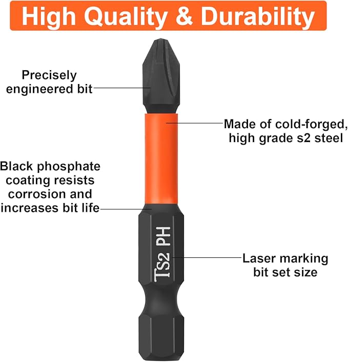 Pro Screwdriver Bit Set - 10 Piece (Torx T10/T15/T20/T25/T30, Phillips PH1/PH2/PH3, Pozi PZ1/PZ2), 50mm, 1/4" Hex Shaft, Storage Box