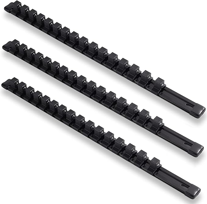 ALOANES 3-Piece 1/2-Inch Drive Aluminum Alloy Socket Organizer, Heavy Duty Socket Racks, Socket Holder Kit for Toolbox Drawer Fit 1/2-Inch x 48 Clips (Black)