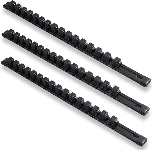 ALOANES 3-Piece 1/2-Inch Drive Aluminum Alloy Socket Organizer, Heavy Duty Socket Racks, Socket Holder Kit for Toolbox Drawer Fit 1/2-Inch x 48 Clips (Black)