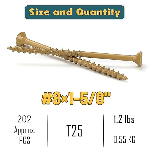 WELLOCKS Deck Screws, Wood Screws, Tan, Superior Rust Resistant, Epoxy Coated, Above 1000 Hour Salt Spray Coating T25 Torx Star Bit Included for Outdoor Wood Fence (1.2LBS Tan, #8횞1-5/8")