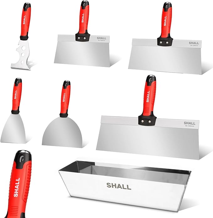 SHALL Drywall Tool Kit, 7 Pcs Stainless Steel Set Includes Putty Knife, Taping Knife, Painter Scraper Tool & 12" Mud Pan for Joint Taping, Finishing, Patching