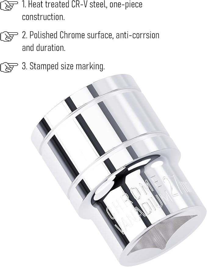 27mm Shallow Socket, 1/2 Inch Drive, 6-Point, Metric, Heat Treated CR-V Steel Short Sockets, Full Polishing, 1.7 Inch Length