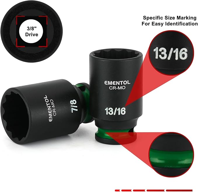 EMENTOL 3/8" Drive Impact Socket Set, Semi-Deep Sockets, 12 Pieces, Standard SAE (5/16"-1"), 12 Point, CR-MO, Stamped and ink filled