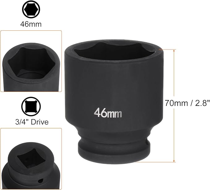 HARFINGTON 6-Point Impact Socket 3/4" Drive 46mm Metric 40Cr Alloy Steel Spindle Axle Nut Impact Socket