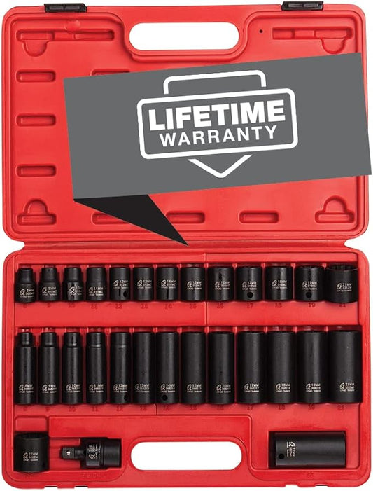 SUNEX TOOLS 3330, 3/8 Inch Drive Master Impact Socket Set, 12-Point, 29-Piece, Metric, 8mm-22mm, Standard/Deep, Cr-Mo Steel, Heavy Duty Storage Case, Includes Universal Joint