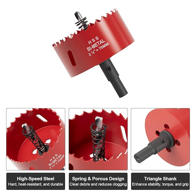 2-3/4" (70mm) Bi-Metal M42 High Speed Steel Hole Saw with Pilot Drill Bit, Smooth Cutting Edge for PVC, Drywall, Wood, Plastic, Gypsum Board, Rubber, Thin Metal