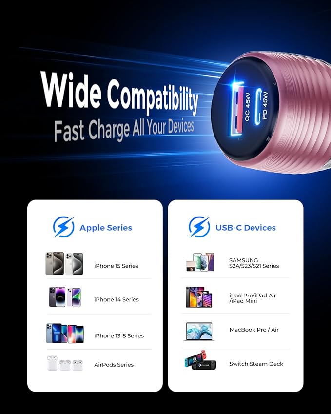SUNDA 90W USB C Fast Car Charger, 2-Ports Car Charger Adapter, Cigarette Lighter USB Charger PD45W/QC45W QC 3.0 Car Phone Charger for iPhone17/16Pro/Max/iPhone15/Laptop/Galaxy/SamsungS25/S24 (Purple)