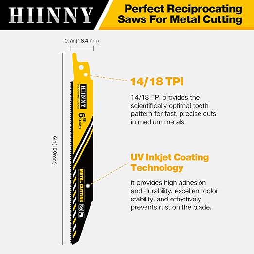 25 Pack 6 inch 14/18 TPI HIINNY Bi-Metal Auto Reciprocating Saw Blades,Blades Metal Cutting with M42 Teeth and Cobalt,for Automatic Dismantling Sawzall Blades for 1/16-5/16 Medium Metals