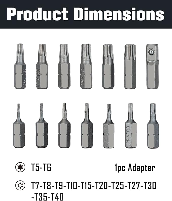 ROTATION 14-Piece Tamper Resistant Star Bits, Chrome Vanadium Steel, T5 - T40 Impact Grade Security Torx Bit Set, 1/4-inch Hex Shank