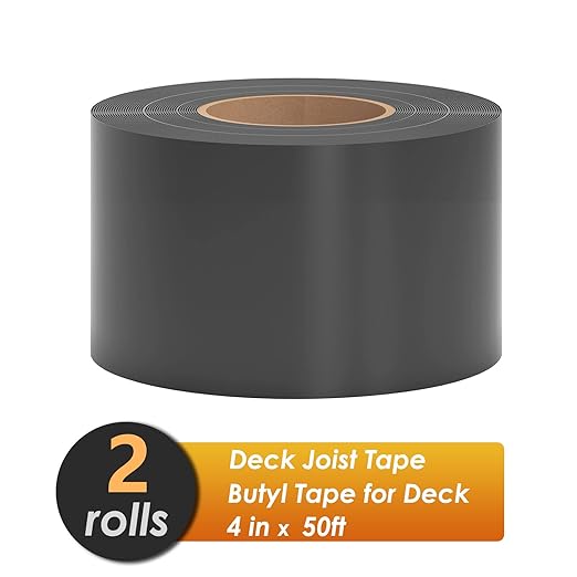 4" x 50' Deck Joist Tape, 2 Pack Waterproof Seal Butyl Deck Tape, Weather Resistance Self-Adhesive Flashing Tape for Wood Joists and Beams