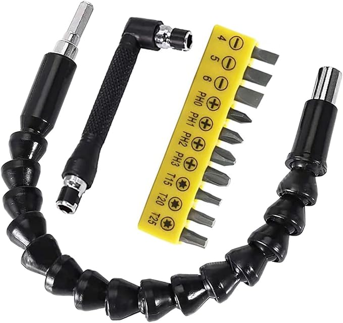 11.7in Flexible Screwdriver Bit Extension Kit - 10pc Set with 90째 Angled Bits and Soft Shaft Adaptors