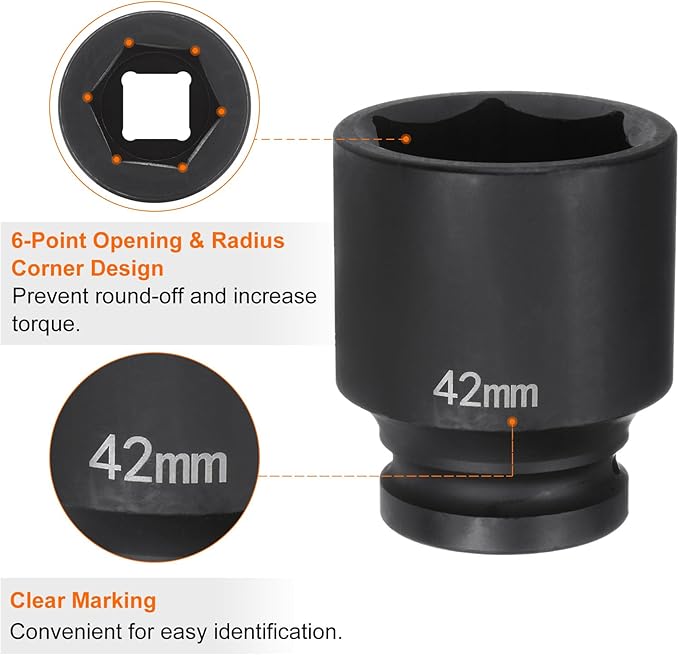 HARFINGTON 6-Point Impact Socket 3/4" Drive 42mm Metric 40Cr Alloy Steel Spindle Axle Nut Impact Socket