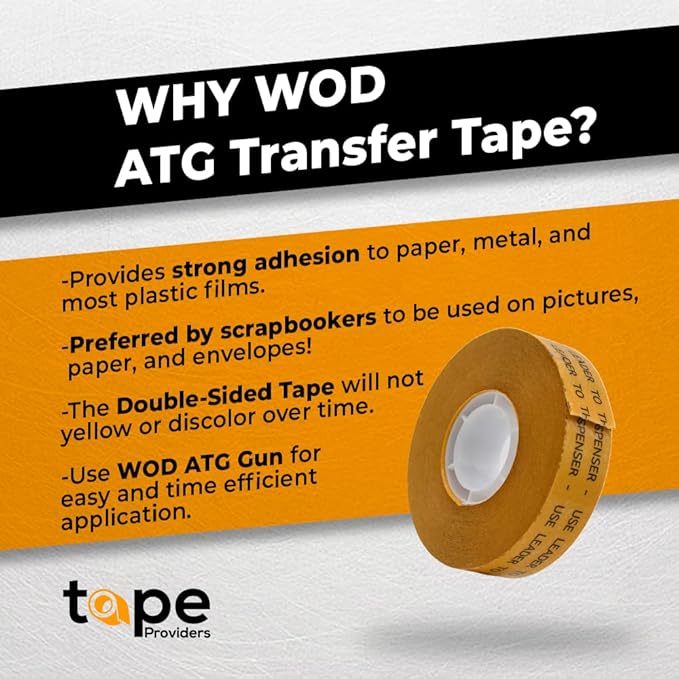 WOD General Purpose ATG Tape, 1/2 inch x 36 yds. (Set of 6 Rolls) Adhesive Transfer Tape Glider Refill Rolls Clear Adhesive on Gold Liner (Acid Free) RWATG20