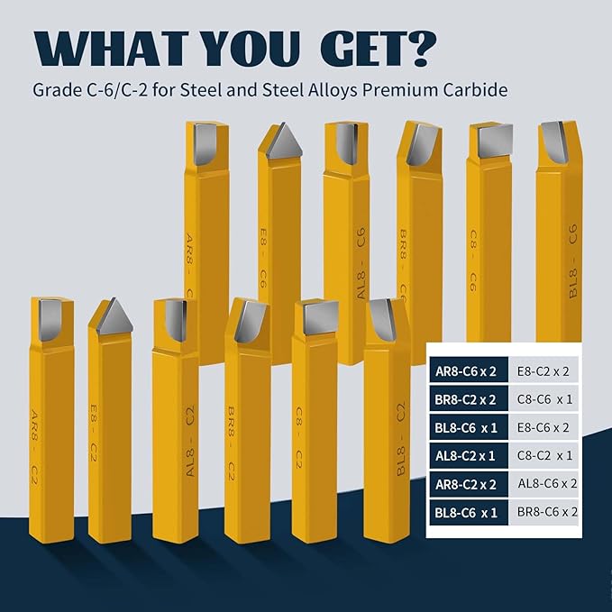 20 pc 3/8" Carbide Tip Tipped Cutter Tool,Metal Lathe Cutting Tools,Lathe Tools Metal Cutting for Metal Lathe Turning, Boring, and Chamfering