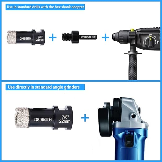 Dry Diamond Core Drill Bits 7/8 Inch, 22mm Tile Hole Saws for Porcelain Ceramic Tile Granite Marble Stone Brick, Diamond Hole Saw with 5/8-11 Thread and 3/8inch Hex Shank