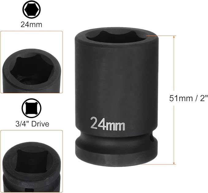HARFINGTON 6-Point Impact Socket 3/4" Drive 24mm Metric 40Cr Alloy Steel Spindle Axle Nut Impact Socket