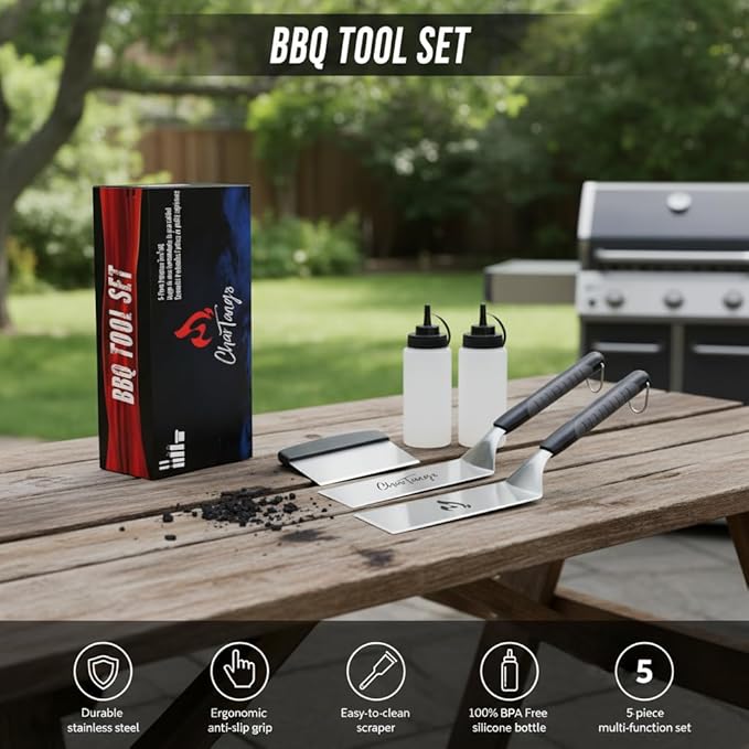 Blackstone Spatula Set 5-Piece ??Heavy-Duty Stainless Steel Griddle Tools for Blackstone/Camp Chef ??Extra Thick Spatulas & Scraper ??Commercial-Grade BBQ & Camping Cooking Kit