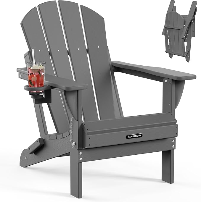 MUCHENGHY Folding Adirondack Chairs, Patio Chairs, Lawn Chairs, Outdoor Chair, Adirondack Chair Plastic, Fire Pit, Weather Resistant with Cup Holder for Deck, Backyard, Garden(Gray)
