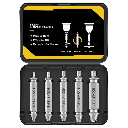 5-Piece HSS Screw Extractor Set, Professional Grade Drill Bit Kit for Damaged Screws, Grey Industrial Finish, Sizes 0-4, with Storage Case