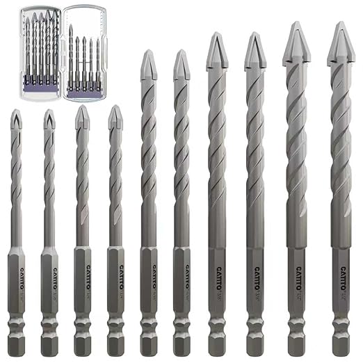 CATITO 10PCS Newly Upgraded Cross Eccentric Drill Bit Set, Hex-Shank Ceramic Tile Drill Bit, Professional Masonry Drill Bit Set, Suitable for Glass/Brick/Plastic/Cement/Wood/Ceramic Tiles/Etc