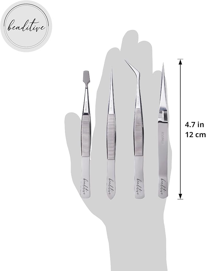 Beaditive Professional Stainless-Steel Precision Tweezer Set – Craft Tweezers for Jewelry & Nail Art – 4 Piece High Precision Jewelry Picking Tools – Jewelry Tools with Non-Serrated Tips
