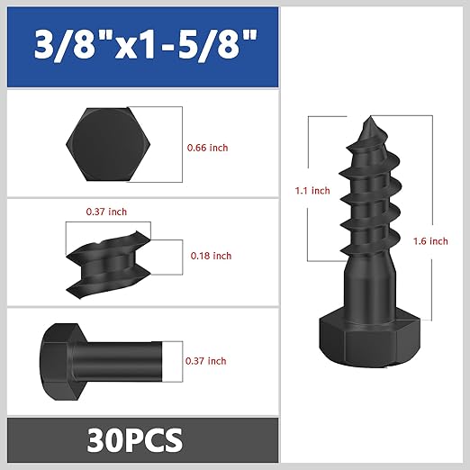 Lag Screws Wood Screws (30PCS, 3/8" x1-5/8, Black) Hex Head Lag Bolts,(10x40) Heavy Duty Lag Screws,304 Stainless Steel Bolts 18-8