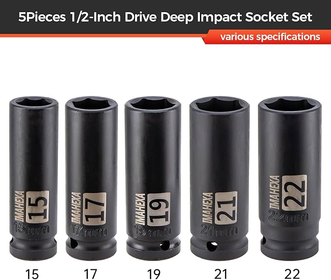 1/2" Drive Impact Long Socket Set, 5 Piece Metric Sizes (15,19,21 to 22 mm),Allen Socket Set,Deep CO-MO Meterial Socket,With Premium Red Socket Organizer