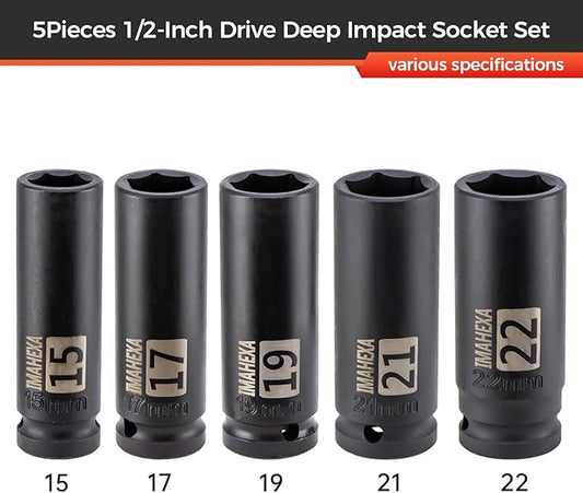 1/2" Drive Impact Long Socket Set, 5 Piece Metric Sizes (15,19,21 to 22 mm),Allen Socket Set,Deep CO-MO Meterial Socket,With Premium Red Socket Organizer