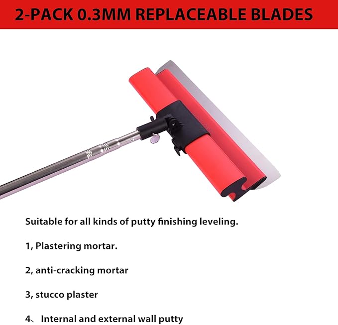 Drywall Tools Skimming Blade with Extension Handle - 12", 20" & 32" Blades with 2 Pack 0.3 mm Blades, Construction Tools End Caps, Wall-Board with Outer Box in Red
