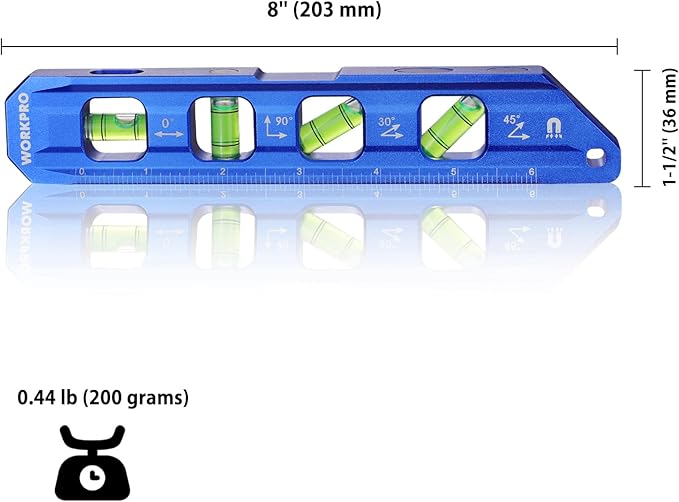 WORKPRO 8-Inch Magnetic Torpedo Level, Aluminum Alloy Construction, 4 Bubble Vials for 0째/90째/45째/30째 Measurements, Cobalt Blue