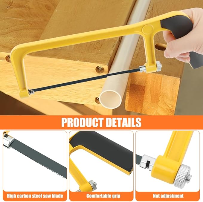 Mini Metal Mitre Box and Saw Set, 6 Inch Extra Fine Cut Hand Saw with 2 Hacksaw Replacement Blades & Gloves for Crafts, Hobby Projects, Cutting Wood, Soft Metal(COLOR:Yellow)