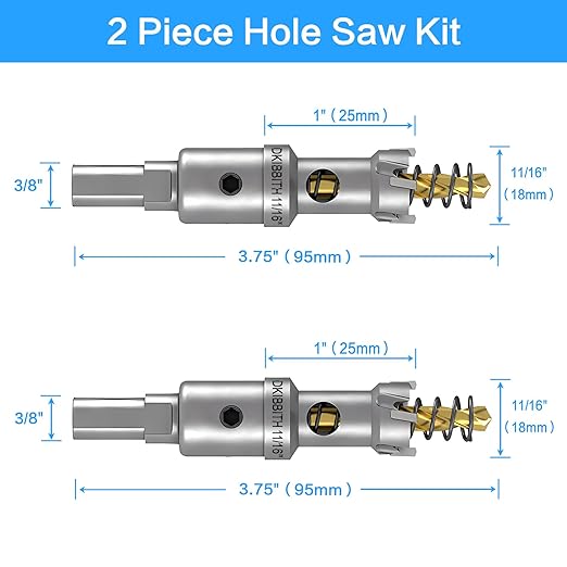 DKIBBITH TCT Hole Saw Set, 2-Pack 11/16" (18mm) Heavy Duty Tungsten Carbide Tipped Hole Cutters for Stainless Steel, Copper, Iron, Brass, Plastic with Titanium-Plated Pilot Drill Bits
