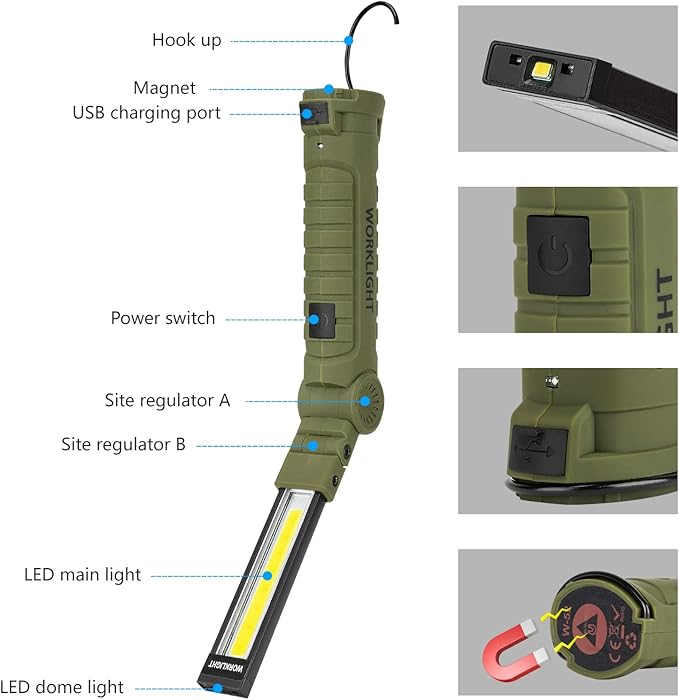 3 Pack Rechargeable LED Work Lights with Magnetic Base and 360째 Rotation, 5 Modes for BBQ, Camping, Reading, and Car Repair