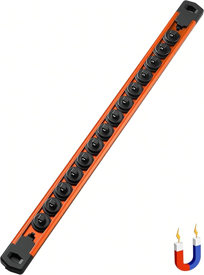 ALOANES 1/4-Inch Drive Magnetic Socket Organizer, Heavy Duty Aluminum Socket Rail Organizer, 360째 Swivel Clips Socket Rail Set For Sockets Storage, 1/4-Inch Socket Holder x 14 Clips (Orange)