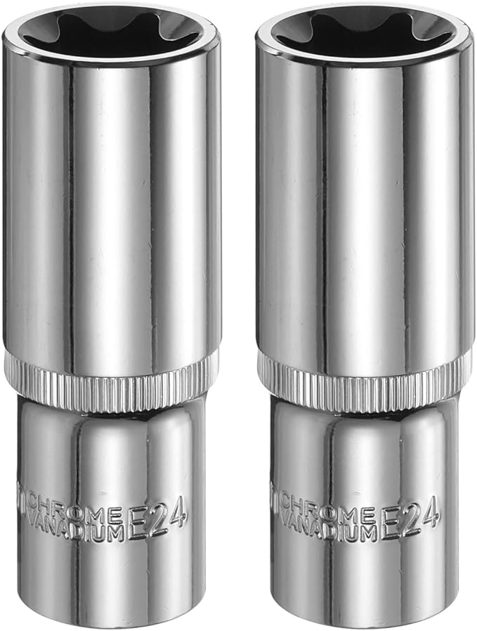 HARFINGTON 2pcs E-Torx Socket 1/2" Drive E24 Star Female Socket 3.1" Length External Torx Deep Sleeve Chrome Plating 6 Point Spline Sleeve for Auto Repairs Home Maintenance