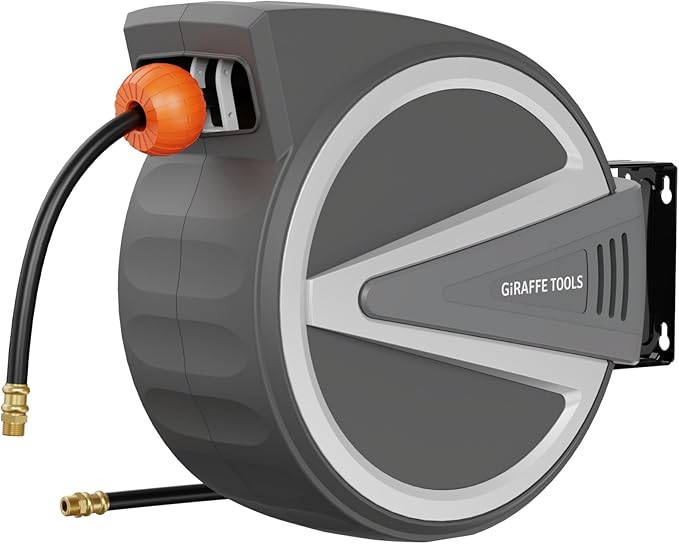 Giraffe Tools Retractable Air Hose Reel, 3/8" x 50 ft, Hybrid Hose, Auto Rewind, Air Compressor Hose Reel with Swivel Bracket, 217 PSI, Any Length Lock, for Garage & Workshop, Dark Silver