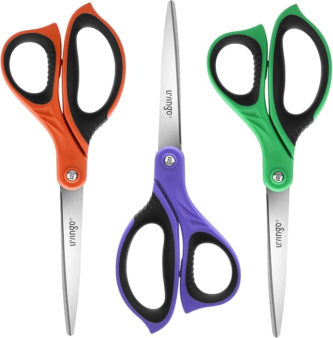 LIVINGO 3 Pack Sharp Scissors, 8.5 inch Comfort Grip Scissors All Purpose for Office, Stainless Steel Shears for Home Heavy Duty Cutting Fabric Sewing, Paper, School Crafting DIY